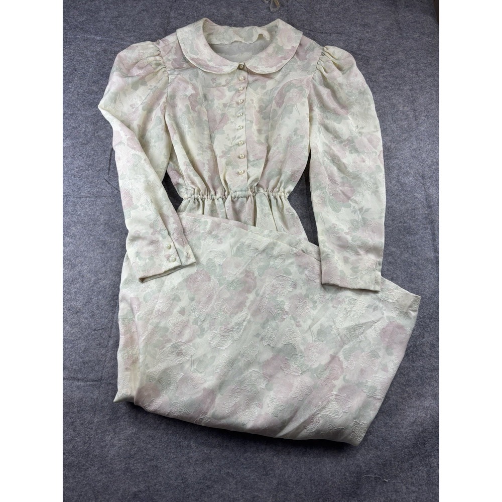 Vtg 80s Women's S Floral Puff Sleeve‎ Fit Flare Elastic Maxi Dress Cottagecore